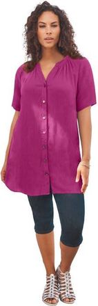 Roaman's Plus Size Angelina Crinkle Crepe Y-Neck Short Sleeve Tunic in Raspberry at Nordstrom, Size 30