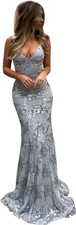 Generic Womens Sequin Mermaid Prom Dress V Neck Spaghetti Strap Formal Evening Gowns Teens Backless Party Cocktail Prom Gown Silver XS