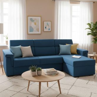 Dmora Sof&aacute; Cama Con Chaiselongue Ganzaria, Desenfundable, Almacenaje Made In Italy, Hidr&oacute;fugo Multiposici&oacute;n, 285x160 Cm Azul