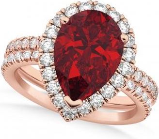 Allurez Ruby & Diamonds Pear-Cut Halo Bridal Set 14K Rose Gold (3.28ct)