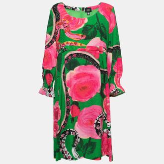 Roberto Cavalli Green Floral Printed Textured Long Sleeve Dress