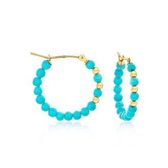 Ross-Simons 3-3.5mm Turquoise Bead Hoop Earrings With 10kt Yellow Gold