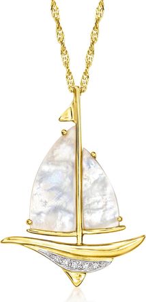 Ross-Simons Mother-Of-Pearl Sailboat Pendant Necklace With Diamonds in 18kt Gold Over Sterling