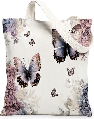 Generic Spring Lilac Flower Canvas Tote Bag for Shopping 13x15, Aesthetic Retro Butterflies Reusable Grocery Print Bag for Women, Vintage Beach Aesthetic Pain