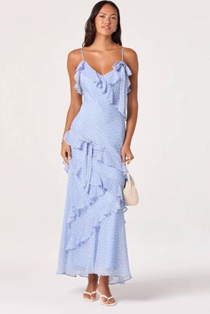 Astr Amiya Chiffon Midi Dress In Blue Polka Dot