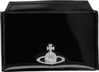 Vivienne Westwood Glossy Black Wallet with Silver Emblem and Embossed Logo