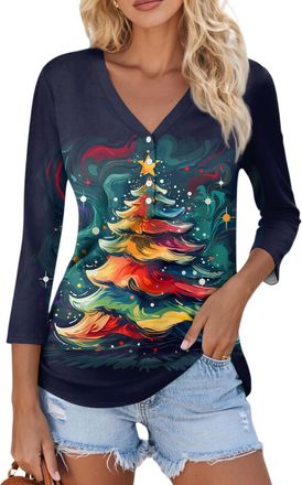 Generic Womens V Neck Christmas Tree Print Long Sleeve Casual Top Holiday Graphic Blouse for Winter Autumn Daily Wear Sky Blue
