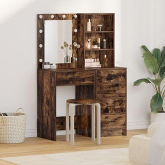 Berkfield Home 2 Piece Dressing Table Set with LED Smoked Oak Engineered Wood in Brown
