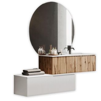 Aquadesign Mueble de ba&ntilde;o ba&ntilde;era derecha 4 piezas en mdf roble/blanco mate