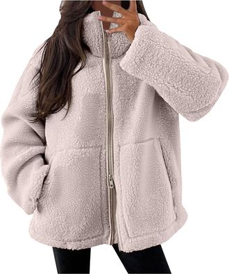 Generic Teddy Fleece Jacket Women Breathable Coats Long Sleeve Sherpa Jacket Sweatshirts Outdoor Sport Ladies Lightweight Warm Full Zip Coat Double-Cut Velvet