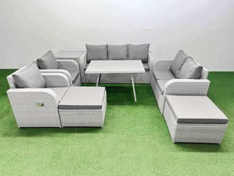 Fimous Outdoor Rectangular Table Sofa Set with Reclining Chair 2 Big Stools in Light Grey