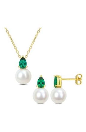 Delmar Emerald & Freshwater Pearl Stud Earrings & Pendant Necklace Set in Green at Nordstrom Rack