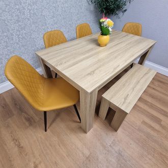 Kosy Koala Oak Effect Dining Table Set With 4 Mustard Gem Pattern Chairs & Bench Dining Room Furniture in Brown