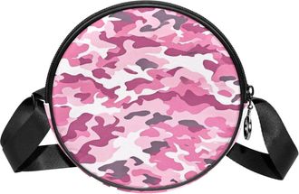 Generic Circle Crossbody Bag for Women, Pink Camouflage Small Sling Bag Daypack with Zipper Adjustable Shoulder Straps Casual Ladies Girls Round Purse