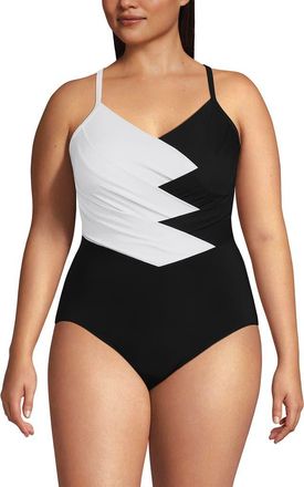 Lands End Slender Suit V-neck Pleated X-back One Piece Swimsuit Adjustable Straps in Black/white at Nordstrom, Size 22W