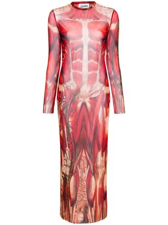 Jean Paul Gaultier Tulen maxi-jurk met Écorché print - Rood