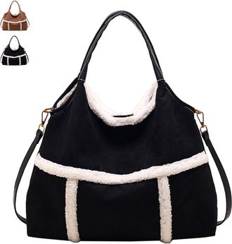 Generic Womens Suede Tote with Faux Lamb Wool Lining, Vintage Plush Bag, Large Capacity Crossbody Handbag for Work & Travel (Black)