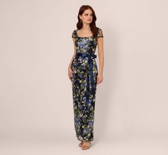Adrianna Papell Embroidered Floral Cap Sleeve Column Gown In Navy Multi
