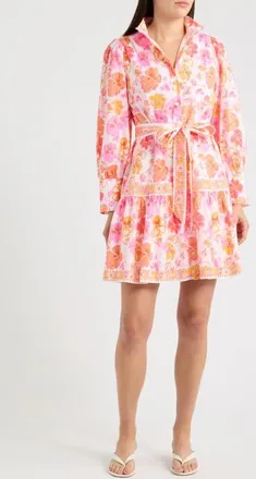 Lilly Pulitzer Drena Print Tie Waist Long Sleeve Dress in Resort White Pansy Fansy at Nordstrom, Size 12