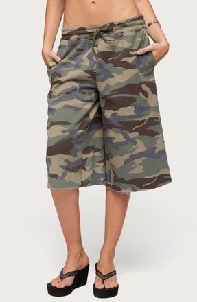 Edikted Camo Rush Drawstring Bermuda Shorts in Olive at Nordstrom, Size X-Small