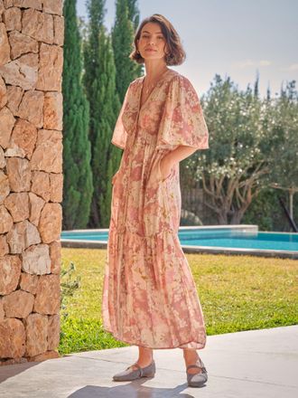 Fat Face FatFace Paige Pink Layered Floral Embroidered Midi Dress