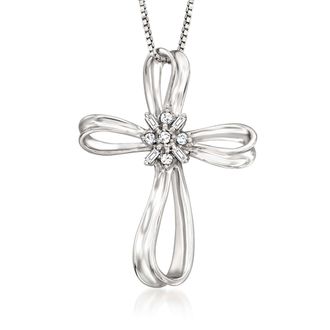Ross-Simons Diamond Ribboned Cross Pendant Necklace in Sterling Silver