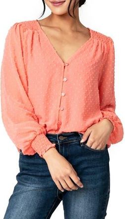 Gibsonlook Pin Dot Smocked Detail V-Neck Blouse in Coral at Nordstrom Rack, Size Xx-Small