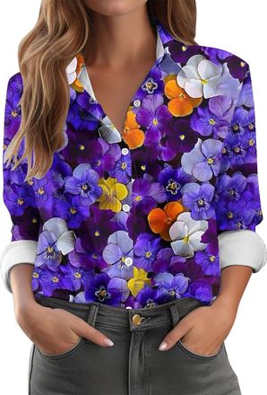 Generic Button Down Shirts for Women, Open Front Dressy Floral Printed Long Sleeve Blouse Business Casual Work Tops Point Collar Floral Blouse Spring Tunic To