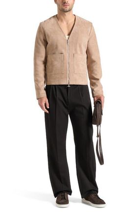 Mani&egrave;re De Voir Maxime Suede Zip Jacket With Contrast Stitch in Beige at Nordstrom, Size Xx-Large