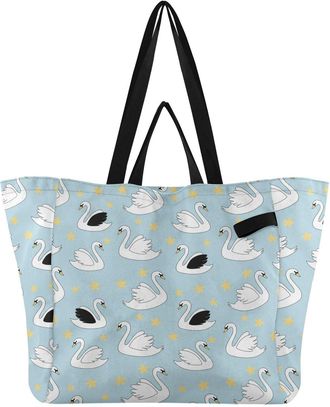 Generic Swans Stars Blue pattern Reusable Canvas Tote Bag, Heavy Duty Grocery Shopping Bag with Large Capacity Hard Bottom Double Handles Work Groceries Trave