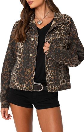 Edikted Leopard Print Denim Jacket at Nordstrom, Size X-Small