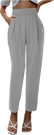 Generic Womens Satin Trousers Elasticated High Waist Straight Leg Casual Pants Lightweight Comfy Office Ladies Work Bottoms with Pockets Silver