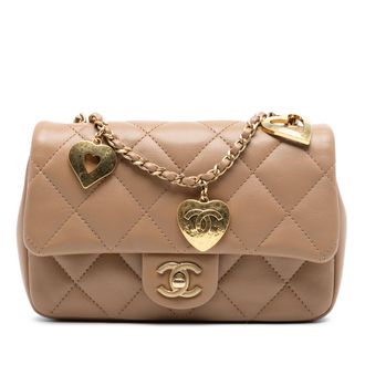 Chanel Pre-owned Womens Mini Rectangular Quilted Lambskin Heart Charms Flap - Tan Leather - One Size