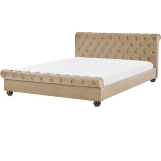 Beliani Bed Frame Beige Velvet Upholstery Black Wooden Legs EU Super King Size 6ft Buttoned Glam AVALLON