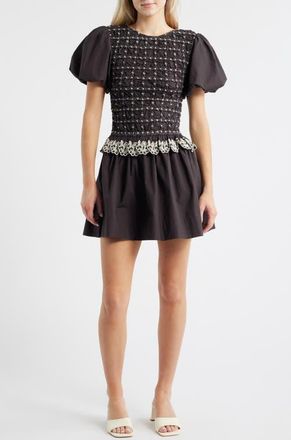 Damson Madder Audrey Smocked Puff Sleeve Organic Cotton Minidress in Black at Nordstrom, Size 12 Us