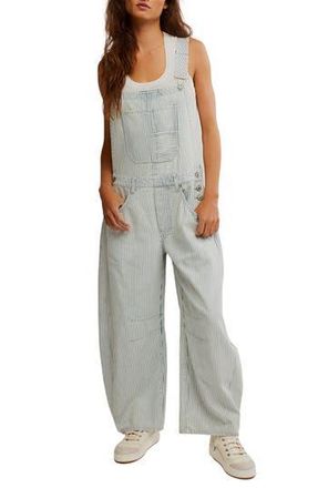 Free People Good Luck Stripe Barrel Leg Overalls in Indigo Railroad at Nordstrom Rack, Size Large