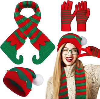 Generic 3 Pieces Christmas Hat Scarf and Gloves Set for Women Men UK Knitted Beanie Santa Elf Hat Plaid Neckerchief Winter Warm Jacquard Wool Knit Hats Scarf 