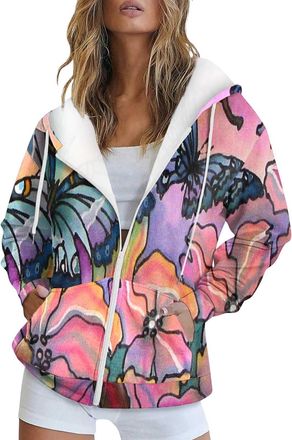 Generic Hoodie Women Fashion Autumn and Winter Warm Colorful Retro Flower Print Casual Pocket Long Sleeve Drawstring Hooded Jacket Zipper Ladies Hooded Sweats