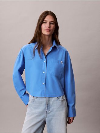 Calvin Klein Jeans Calvin Klein Womens Cotton Poplin Cropped Boxy Button-Down Shirt - Blue - XL