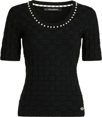 Karl Lagerfeld Top met korfweefsel en parels - Dames - Ronde hals truien - Zwart - M - Nylon - Truien & Vesten