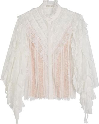 Alice & Olivia Rheba Ruffled Lace Blouse - Off White - S (UK8-10 / S)