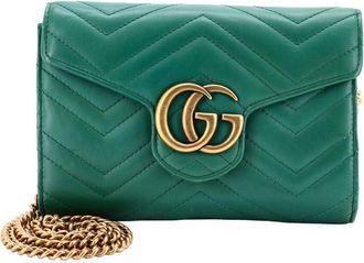 Gucci Green Matelasse Leather Gg Marmont Chain Wallet Mini (Authentic Pre- Loved)