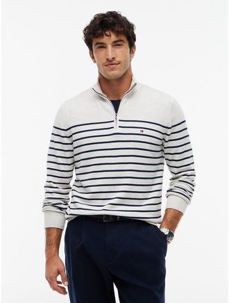 Tommy Hilfiger Mens Striped Quarter-Zip Sweater - White/Navy Stripe - XXXL