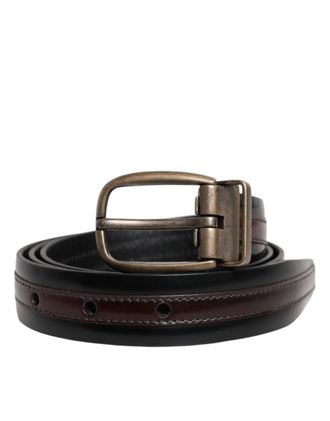 Dolce & Gabbana Mens Black Burgundy Calfskin Metal Logo Buckle Belt Leather - One Size