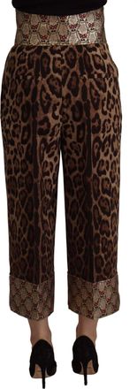 Dolce & Gabbana Womens Brown Leopard Gold Jacquard High Waist Pants Wool