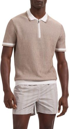 Bugatchi Ottoman Stitch Cotton & Silk Quarter Zip Polo Sweater in Tobacco at Nordstrom, Size X-Large