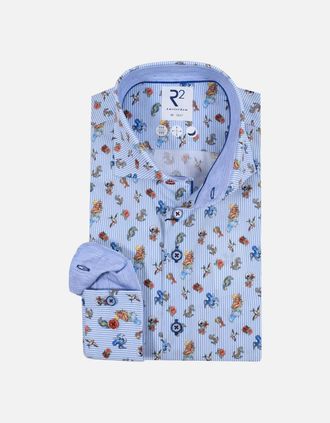 R2 Mens R2 Long Sleeved Cut Away Collar Ocean Print Shirt Light Blue - Size: 40