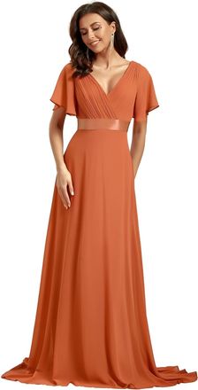 Ever-pretty Womens Double V-Neck Short Flutter Sleeves Empire Waist Elegant Chiffon Long Evening Dresses Brandied Melon 14
