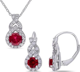 Amour 2-piece Set Of Created White Sapphire and Created Ruby Twist Teardrop Halo Leverback Earrings and Pendant with Chain In Sterling Silver