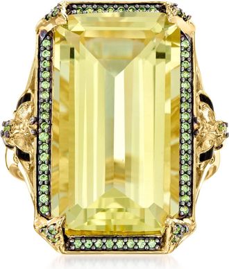 Ross-Simons Lemon Quartz and. Tsavorite Ring With Black Enamel in 18kt Gold Over Sterling